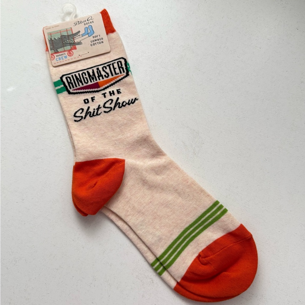 Blue‎ Q Cream and Orange Ringmaster Sh*tshow Crew Socks